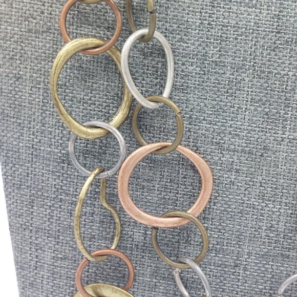 Mixed Metal Necklace Circle Ring Links Gold Copper Silver Brass Toned Two Strand - Picture 3 of 6